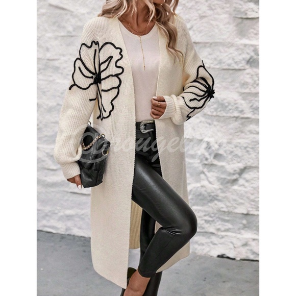 Rouge! Sweaters - Off White Long Duster Cardigan Knit Black Flower Appliqué